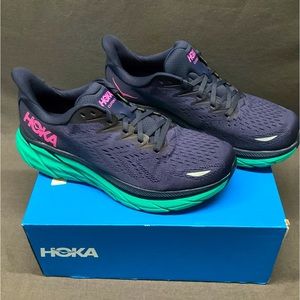 HOKA  CLIFTON 8 WOMEN’S SNEAKERS SIZE: 9.5 B COLOR: NAVY AND GREEN